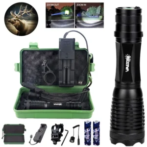 Super Bright Flashlight Torch -High Power White Light Beam,Remote Switch 2pcs Rechargeable Batteries Hunting Camping Fishing