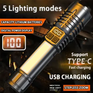 USB Rechargeable LED Flashlight High Lumens Tactical Torch With COB Lamp Waterproof Outdoor Camping Riding Hiking Lantern
